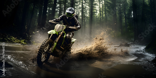 Motocross rider on a motorcycle in forest trail with splashing water, Extreme sports in action motion blur