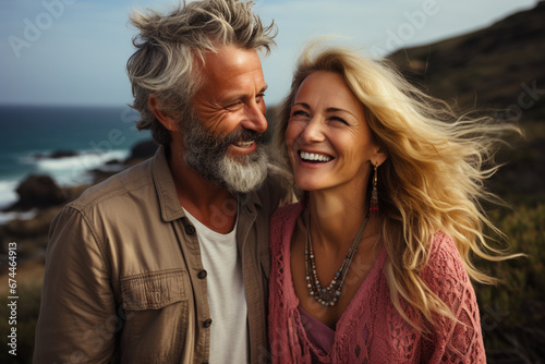 Joyful Senior Couple Embracing in Laughter on Sunny Beach, Exuding Happiness and Love - Happy Moments Together