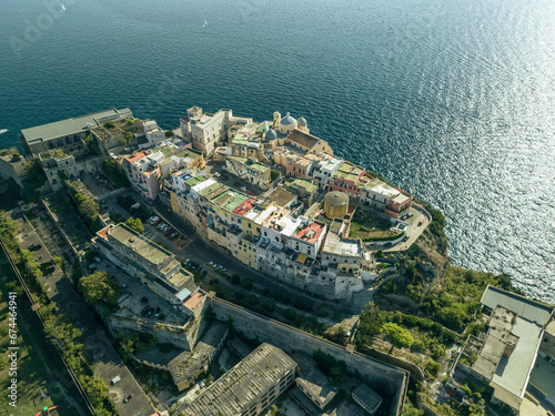 Aerial view of Terra Murata borough at Procida Old town on Procida Island, Flegree Islands archipelagos, Naples, Campania, Italy. photo