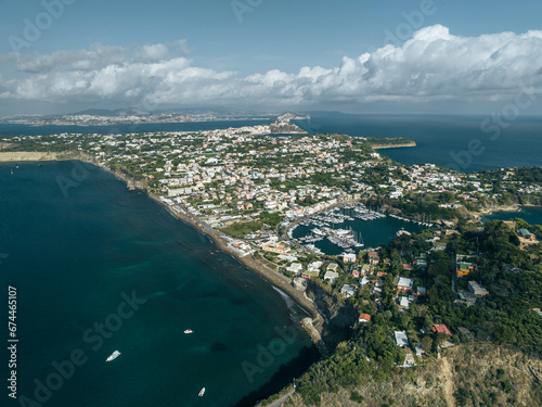 Aerial view of Chiaiolella and Ciraccio beach on Procida Island, Flegree islands archipelagos, Naples, Campania, italy. photo