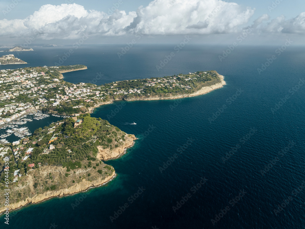 Aerial view of Solchiaro peninsula facing the Gulf of Naples on Procida Island, Flegree islands archipelagos, Naples, Campania, italy. Aerial view of Solchiaro peninsula facing the Gulf of Naples on Procida Island, Flegree islands archipelagos, Naples, Campania, italy.