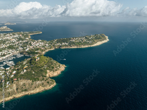 Aerial view of Solchiaro peninsula facing the Gulf of Naples on Procida Island, Flegree islands archipelagos, Naples, Campania, italy. photo