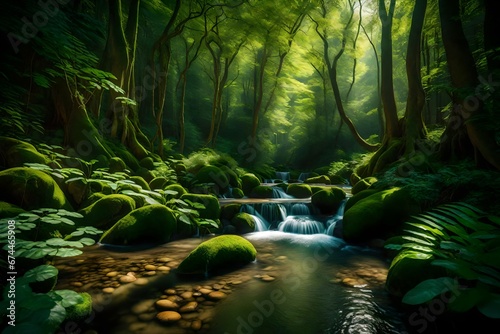 A tranquil forest scene with vibrant, lush greenery and a gentle stream flowing through the landscape. -- © Kainat
