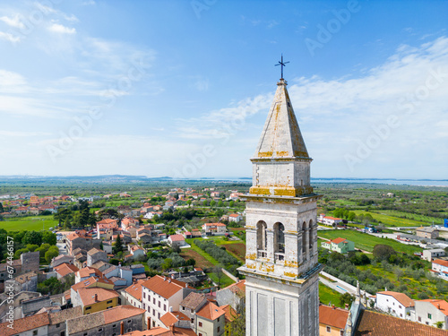 Aerial view of Vodnjan bell tower's church in Vodnjan small town in Istria region, Croatia. photo