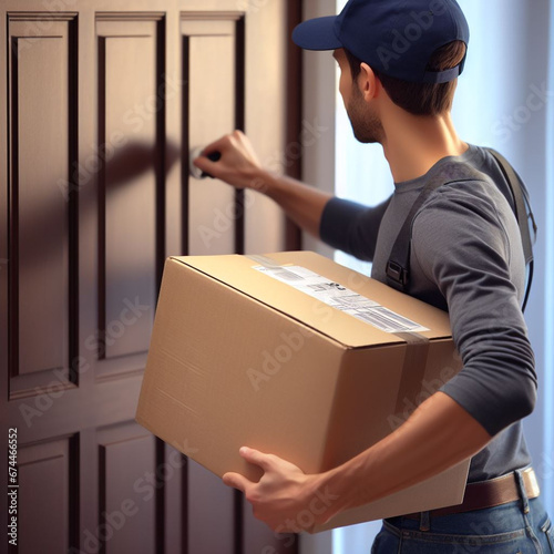 To deliver the order, a delivery guy knocks on the door. Concept of courier services
 photo
