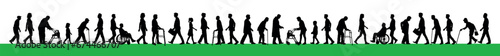 Crowd people handicapped people with walking aids walking on street vector silhouette. Elderly people with walking aids walking on city street side view silhouette. 