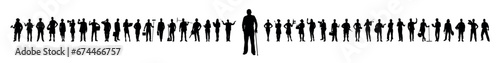 Elderly man pensioner with walking stick standing in front of group young people with various jobs or occupations vector silhouettes set.