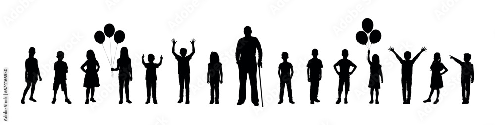 Grandfather standing together with his grandchildren portrait in row vector silhouette.