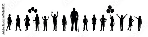 Grandfather standing together with his grandchildren portrait in row vector silhouette. photo