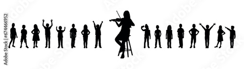 Girl playing violin in front of group of children in row vector silhouette.