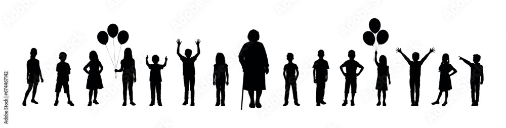 Grandmother standing with her grandchildren vector silhouette set. Family bonding grandchildren visit grandmother vector silhouettes.