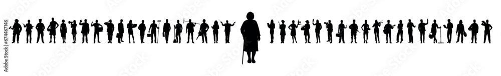Grandmother pensioner with walking stick standing in front of group people with various jobs or occupations vector silhouettes.