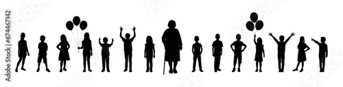 Grandmother standing with her grandchildren vector silhouette set. Family bonding grandchildren visit grandmother vector silhouettes.