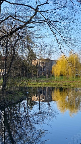 Lake with trees sunny weather old house reflection image