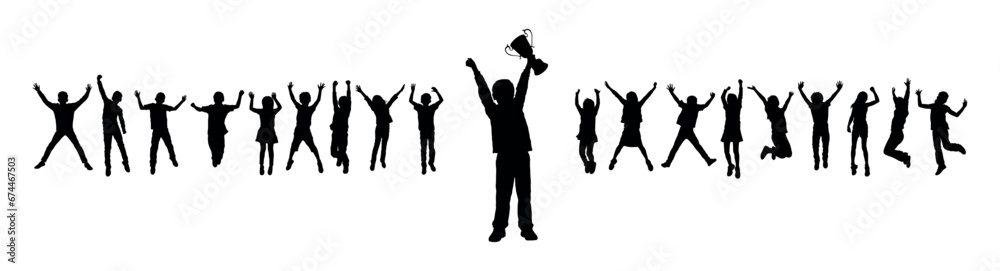 Kid boy holding trophy in front of group of happy jumping kids vector silhouette. Boy raising his hands with trophy celebrating victory black silhouette.