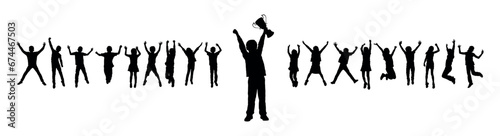 Kid boy holding trophy in front of group of happy jumping kids vector silhouette. Boy raising his hands with trophy celebrating victory black silhouette.