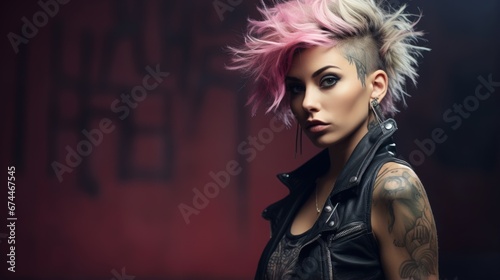 Edgy Allure: Pink-Haired Punk Fashionista in Leather photo