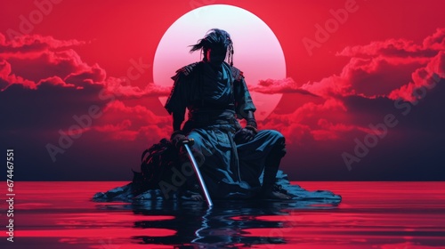 Twilight Warrior: Samurai Silhouette Against Crimson Moon