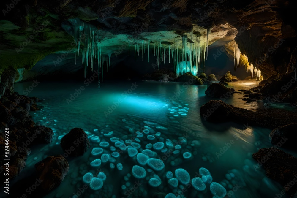 Fototapeta premium A tranquil, hidden cave with an underground river, illuminated by the soft glow of bioluminescent fungi and crystals. --