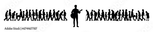 Male street musician playing guitar in front of crowd people walking on street vector silhouette.