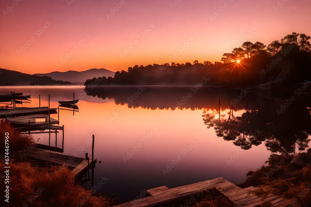 A mesmerizing sunrise over a serene lake, with the sky painted in w