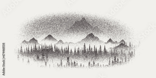 Vector sketch, mountains and forest, imitation of a pencil drawing	