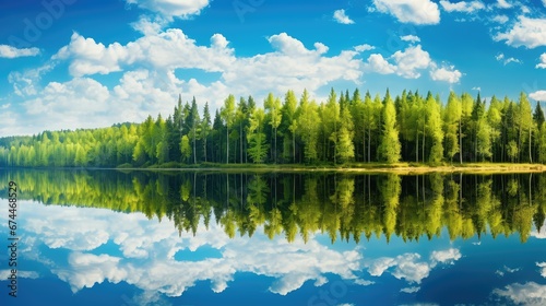 forest reflection wood sunny landscape illustration lake water, summer tree, sky blue forest reflection wood sunny landscape