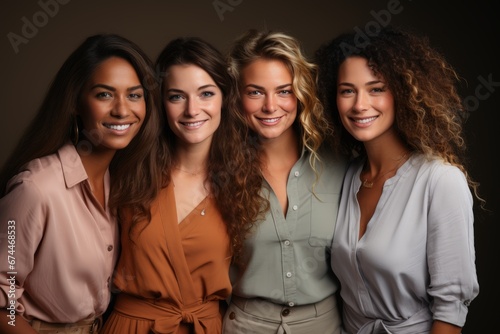 Half-length portrait of four cheerful young diverse multiethnic women. Female friends smiling at camera while posing together. Diversity, beauty, friendship concept. Isolated over grey background.