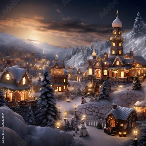 Winter village with Christmas trees and houses at night, 3d render