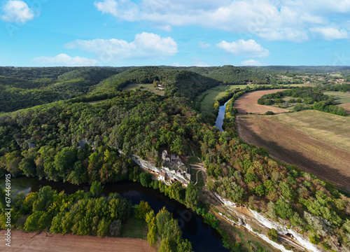 Aerial view of the Village Troglodytique de la Madeleine along the Vezere river in Tursac, Dordogne, France. photo