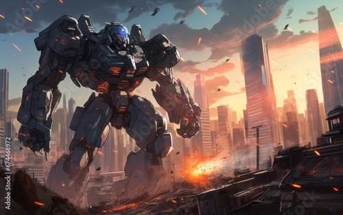 Big robot against the backdrop of a futuristic city