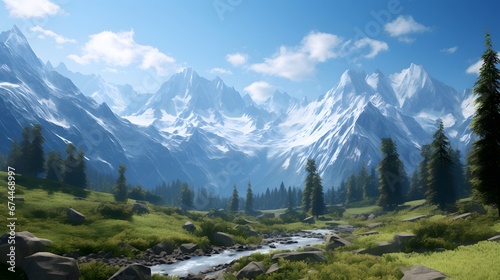 Panoramic view of a mountain valley with snow covered peaks in the background © Iman