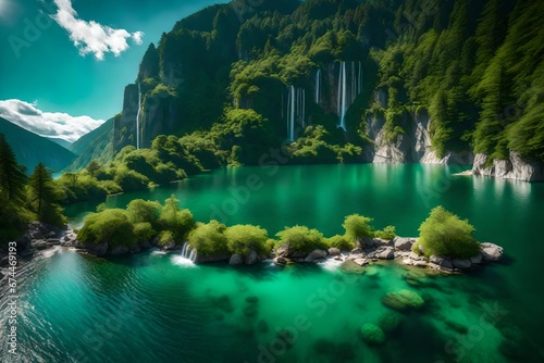 A breathtaking view of a serene  emerald-green lake surrounded by towering cliffs and cascading waterfalls. --