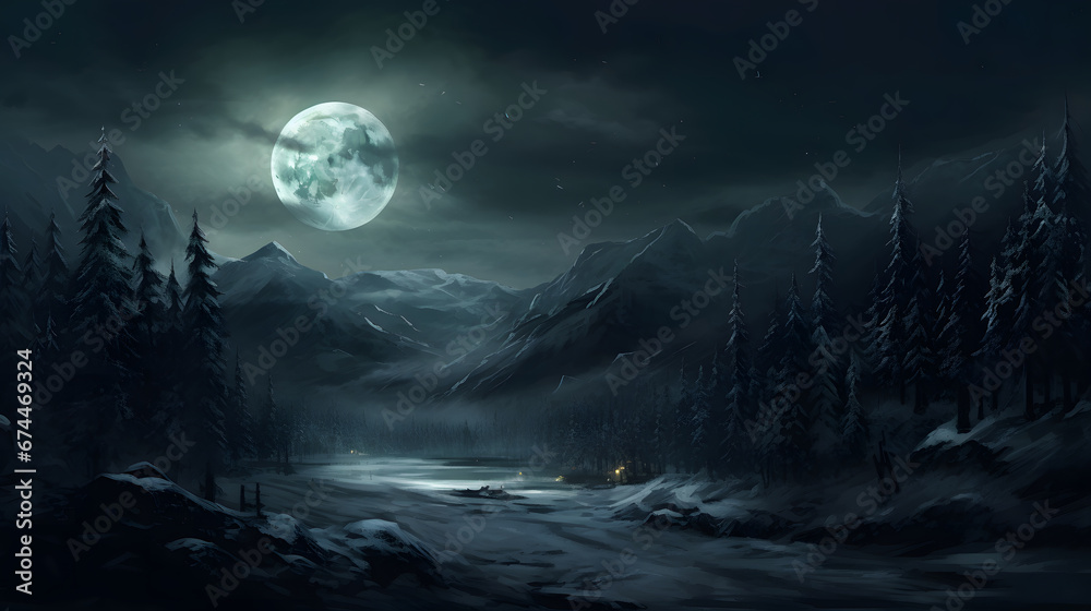 Winter landscape - Nocturnal Wonderland: Snow-Capped Peaks, Pine Forests, and the Full Moon
