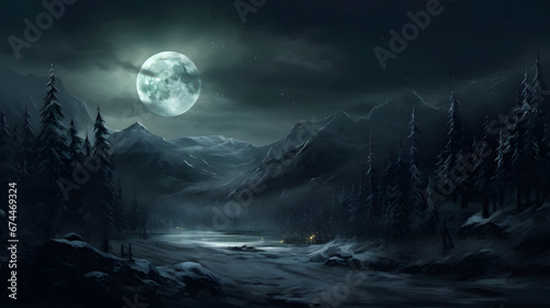 Winter landscape - Nocturnal Wonderland: Snow-Capped Peaks, Pine Forests, and the Full Moon 