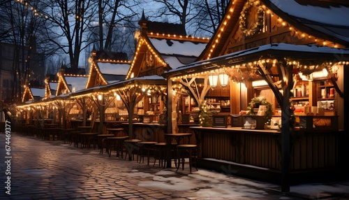 Christmas market in Krakow at night, Poland. Panoramic view.