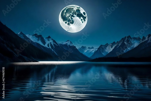 A tranquil, moonlit lake surrounded by towering mountains, with a reflection of the moon shimmering on the water's surface. --