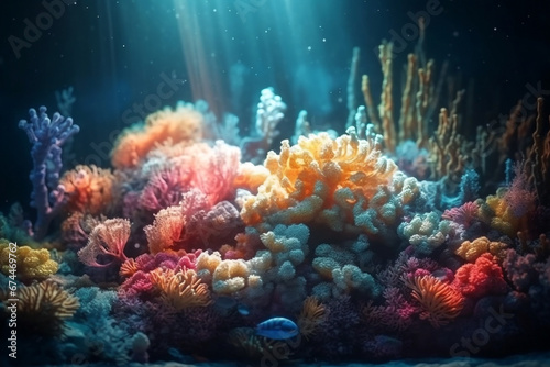 Tropische Fische und Korallen im sonnigen Meer - KI generiert photo
