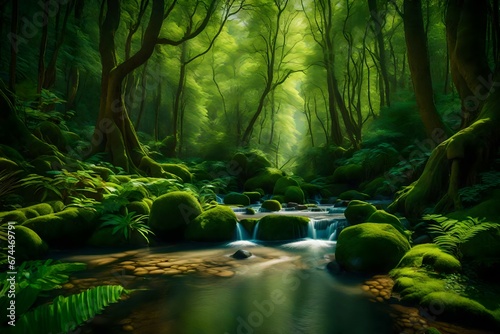 A tranquil forest scene with vibrant, lush greenery and a gentle stream flowing through the landscape. --