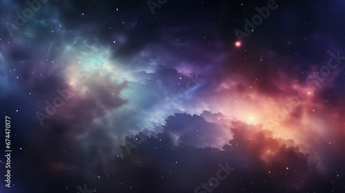 universe landscape full of shining and glowing stars and colorful nebula, hyper realistic, dramatic light and shadows, 