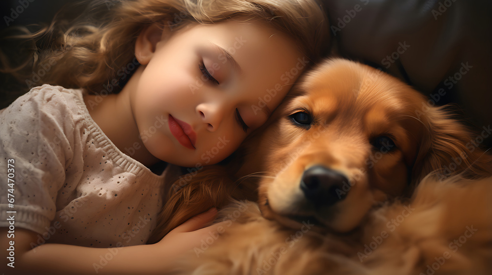 The girl is resting with her dog. Golden retriever with its owner.