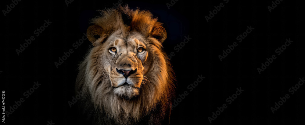 Fototapeta premium Large male lion portrait on black background