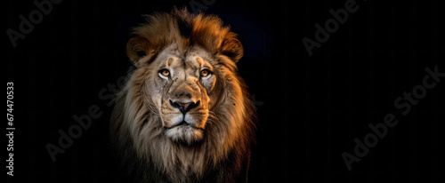 Large male lion portrait on black background