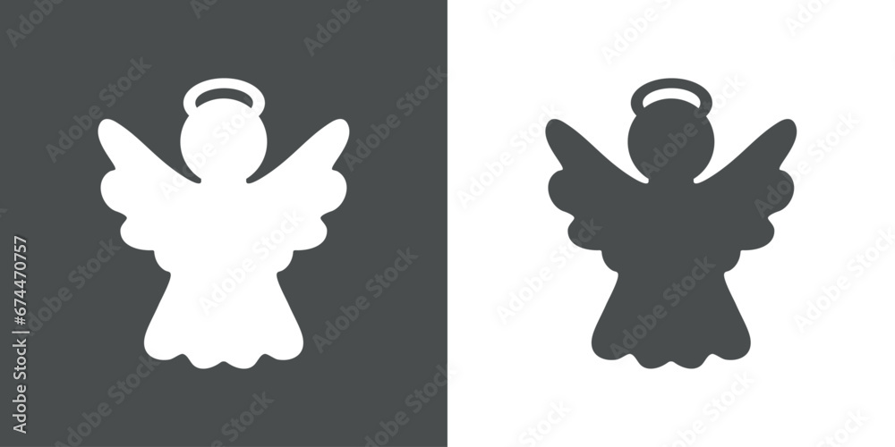Tiempo de Navidad. Logo con silueta ángel de Navidad con alas y halo para su uso en invitaciones y felicitaciones - obrazy, fototapety, plakaty 