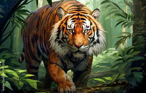 Tiger walking  in the jungle. Watercolor illustration of a tiger in nature.