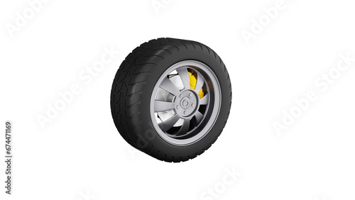 Wheel with yellow brake pad and tire on isolated background, alpha png
