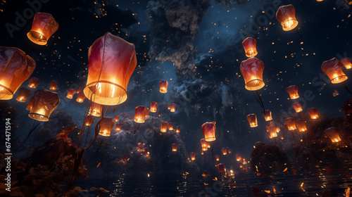 Chinese paper lanterns in the night sky