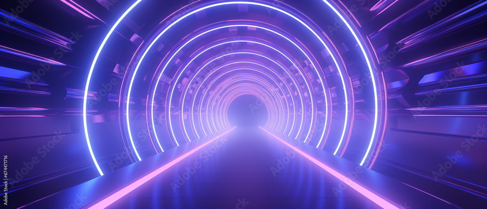 Neon corridor with lines glowing in ultraviolet light and purple neon scene . Neon geometric background with shapes with copy space for poster, website, brochure, banner, app. Generative ai Neon corridor with lines glowing in ultraviolet light and purple neon scene . Neon geometric background with shapes with copy space for poster, website, brochure, banner, app. Generative ai