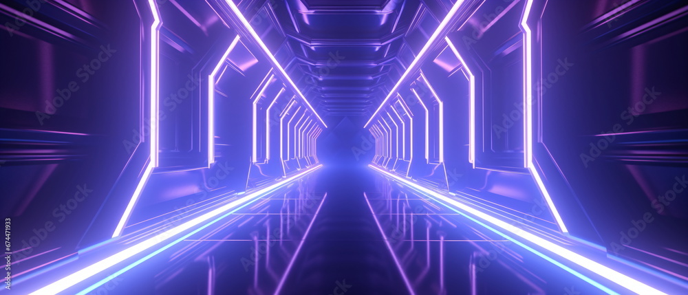 Neon corridor with lines glowing in ultraviolet light and purple neon ...