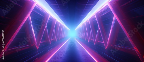 Neon corridor with lines glowing in ultraviolet light and purple neon scene . Neon geometric background with shapes with copy space for poster, website, brochure, banner, app. Generative ai